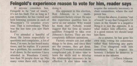 Waushara Argus Letter to the Editor printed with candidates name