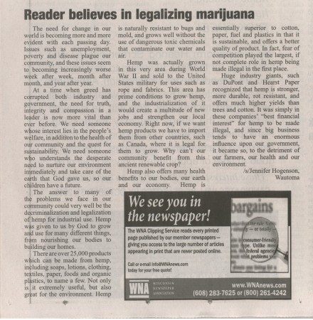Reader believes in legalizing marijuana (As printed in Waushara Argus)
