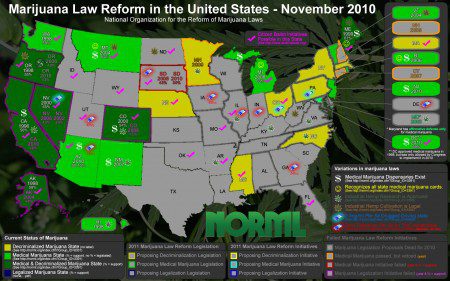 Medical, Dispensaries, Decrim, Legalization, Hemp, and DUID information for every state.