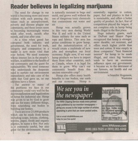 Reader believes in legalizing marijuana (Waushara Argus edited version)