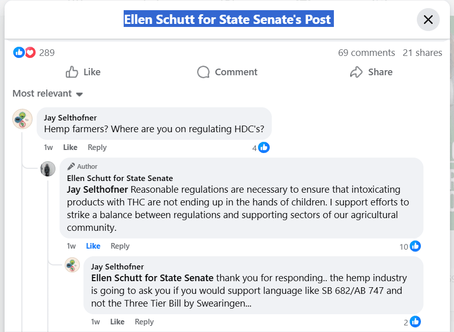 Republican Ellen Schutt 2026 hemp cannabis comment